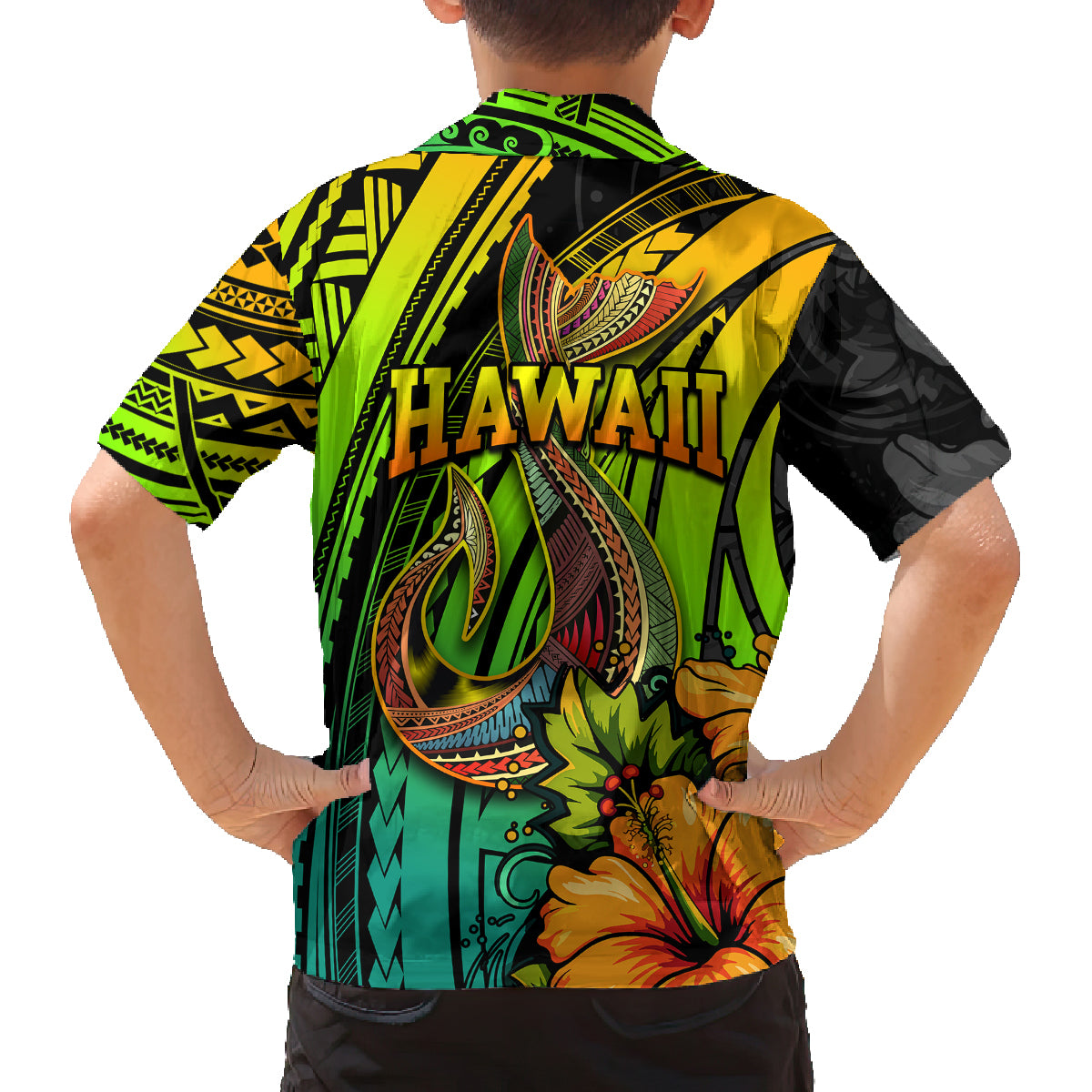 Hawaii Family Matching Off Shoulder Long Sleeve Dress and Hawaiian Shirt Polynesian Fish Hook and Hibiscus Flowers with Gradient Pattern TS04 - Polynesian Pride