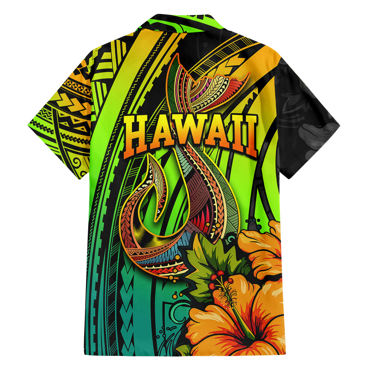 Hawaii Family Matching Off Shoulder Short Dress and Hawaiian Shirt Polynesian Fish Hook and Hibiscus Flowers with Gradient Pattern TS04 - Polynesian Pride