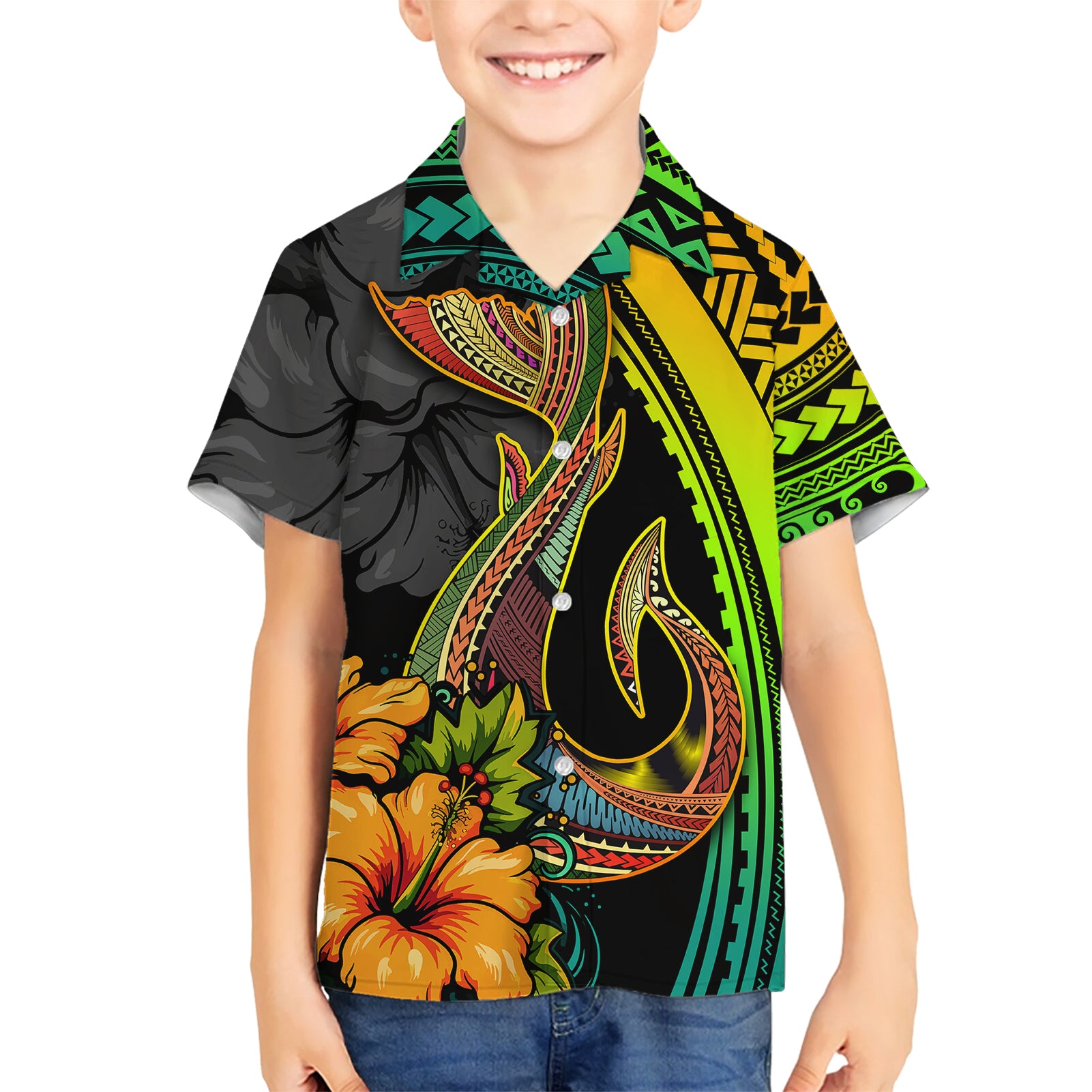 Hawaii Kid Hawaiian Shirt Polynesian Fish Hook and Hibiscus Flowers with Gradient Pattern TS04 Kid Multicolor - Polynesian Pride