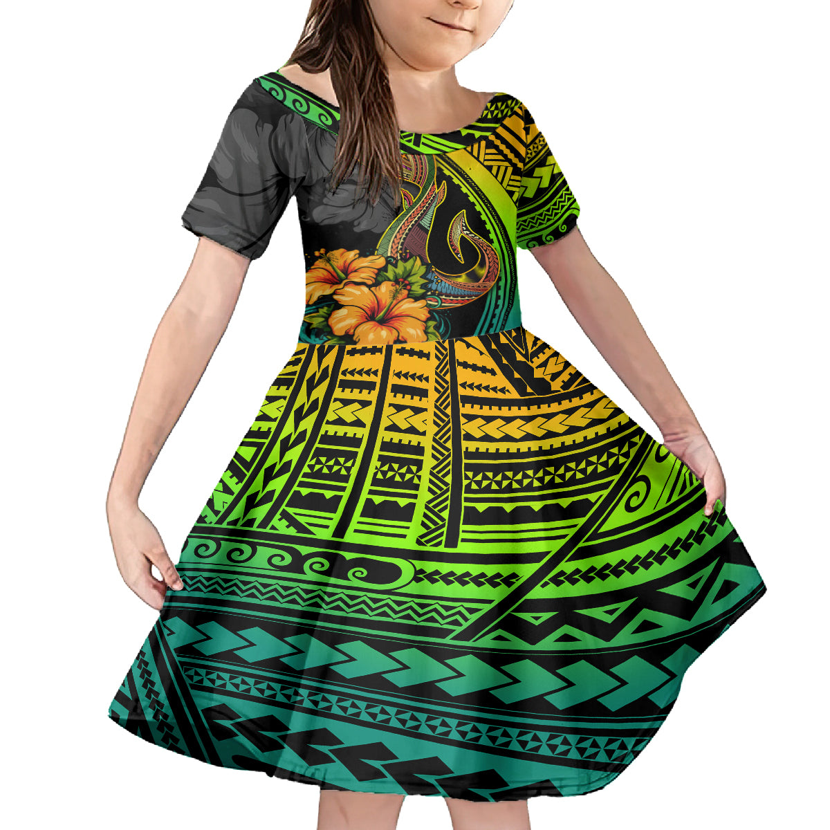 Hawaii Kid Short Sleeve Dress Polynesian Fish Hook and Hibiscus Flowers with Gradient Pattern TS04 KID Multicolor - Polynesian Pride