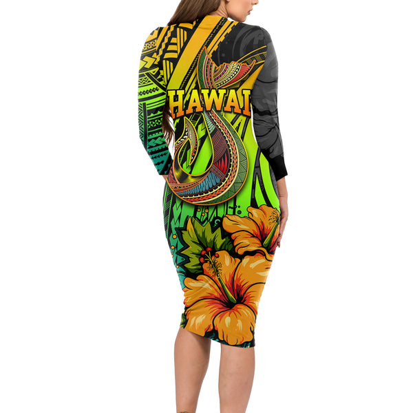 Polynesian Pride Long Sleeve Bodycon Dress Turtle Hibiscus Luxury Style - Beige LT7 main image 1