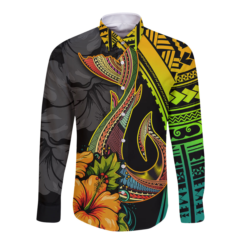 Hawaii Long Sleeve Button Shirt Polynesian Fish Hook and Hibiscus Flowers with Gradient Pattern TS04 Unisex Multicolor - Polynesian Pride