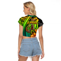 Hawaii Raglan Cropped T Shirt Polynesian Fish Hook and Hibiscus Flowers with Gradient Pattern TS04 - Polynesian Pride