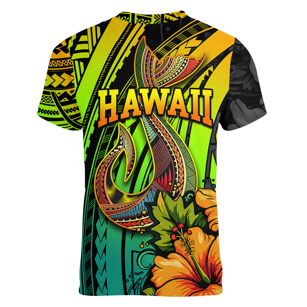Hawaii Women V Neck T Shirt Polynesian Fish Hook and Hibiscus Flowers with Gradient Pattern TS04 - Polynesian Pride