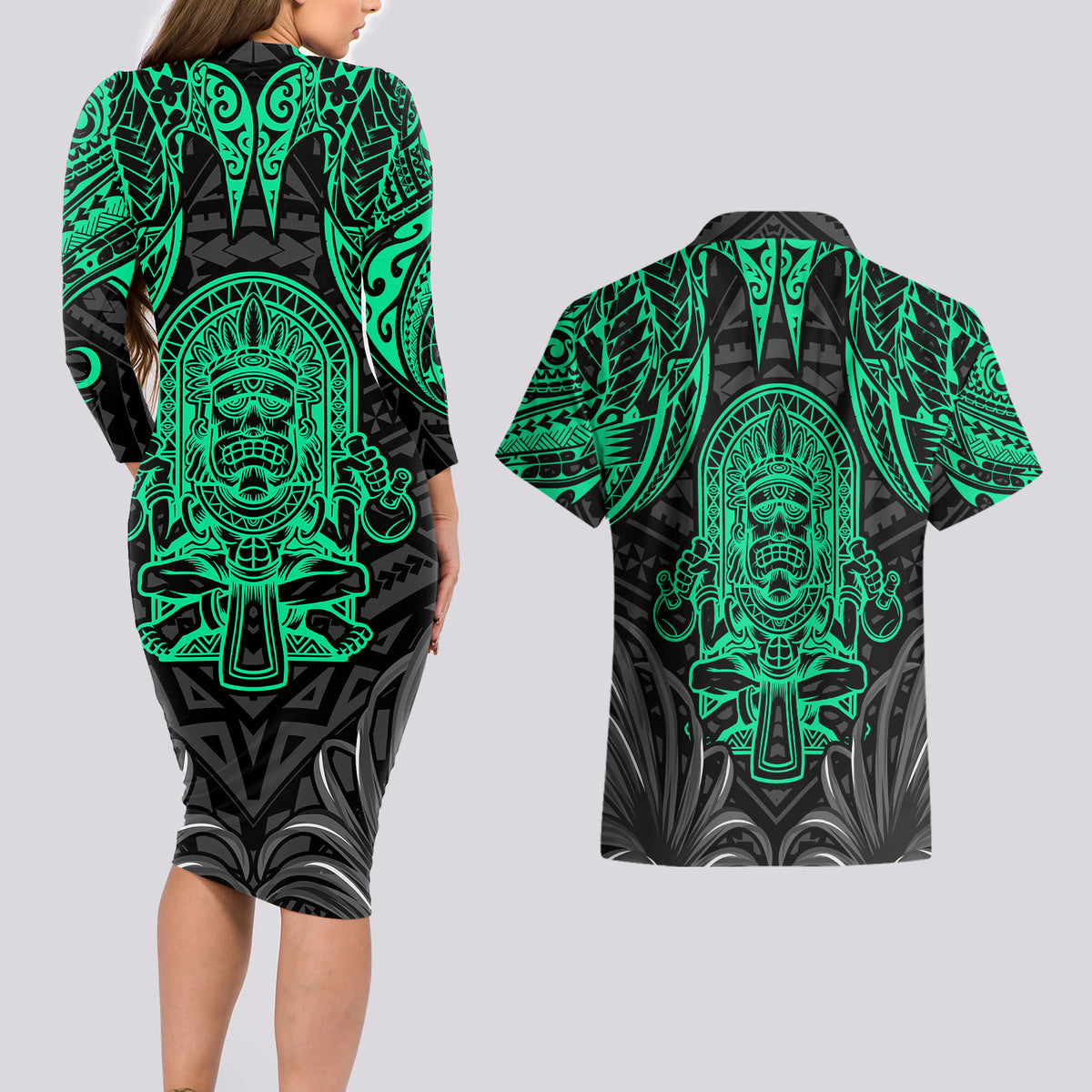 Polynesian Couples Matching Long Sleeve Bodycon Dress and Hawaiian Shirt Abstract Tiki TS04 - Polynesian Pride