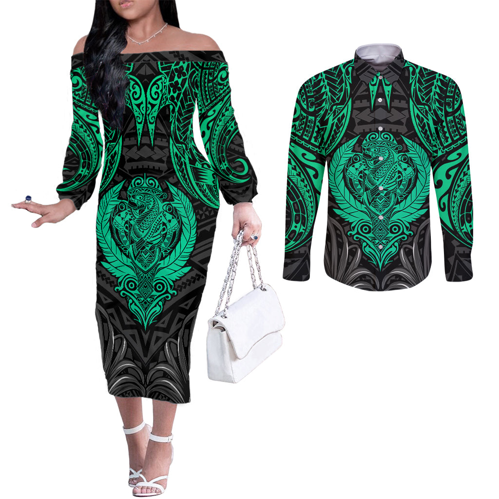 Polynesian Couples Matching Off The Shoulder Long Sleeve Dress and Long Sleeve Button Shirts Abstract Tiki TS04 Black/Yellow - Polynesian Pride