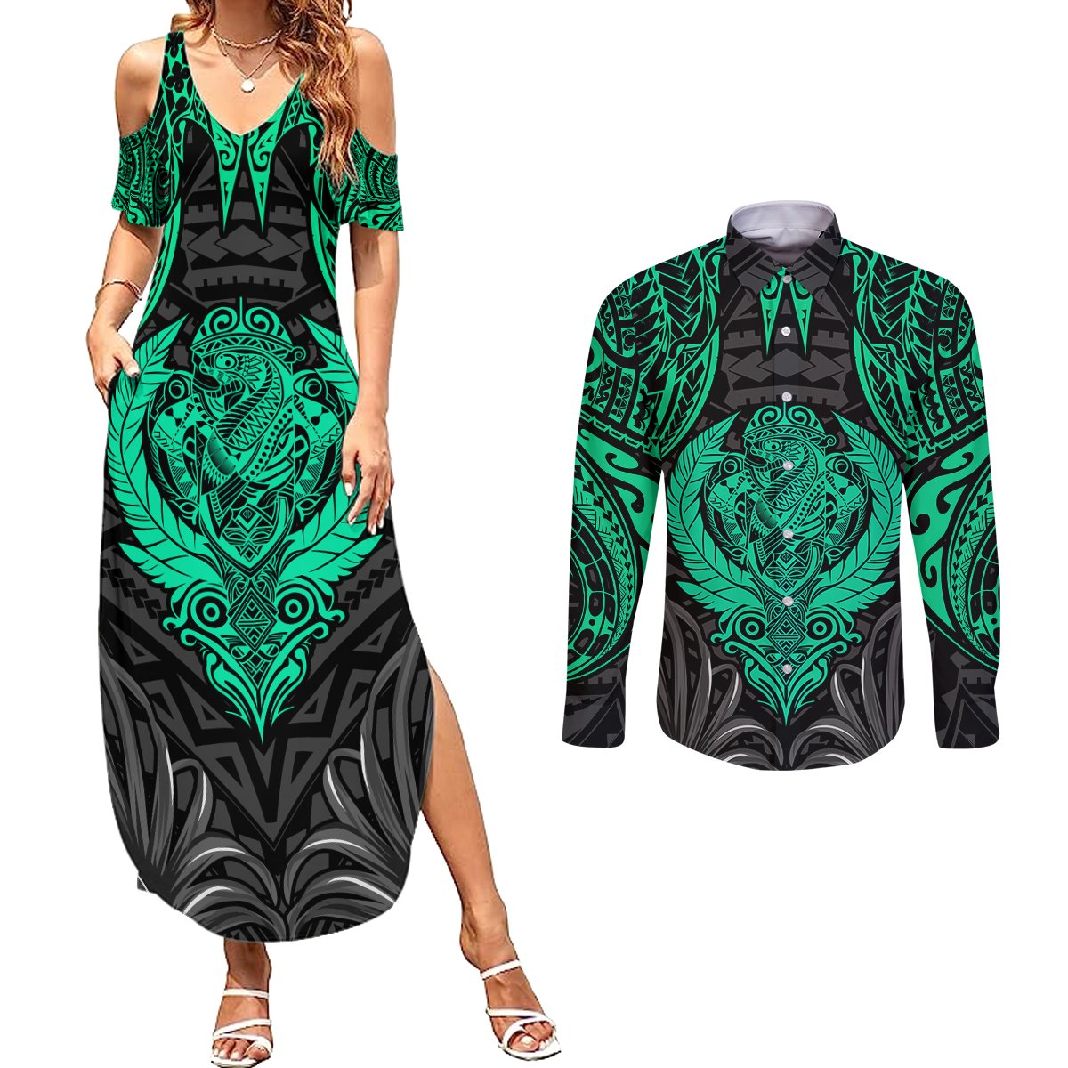 Polynesian Couples Matching Summer Maxi Dress and Long Sleeve Button Shirts Abstract Tiki TS04 Black/Yellow - Polynesian Pride