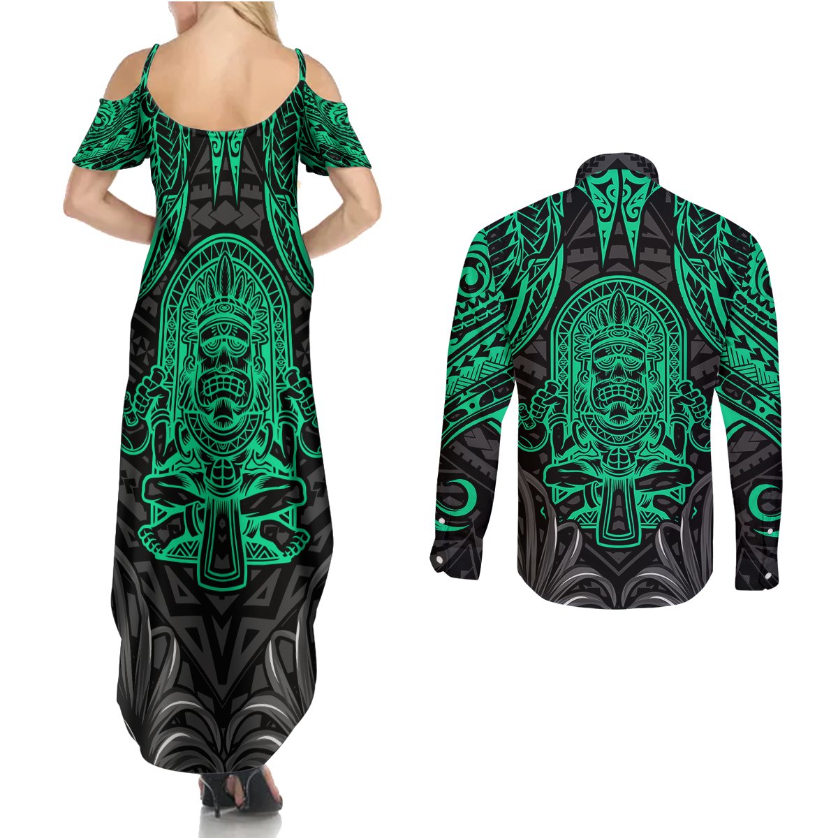 Polynesian Couples Matching Summer Maxi Dress and Long Sleeve Button Shirts Abstract Tiki TS04 - Polynesian Pride