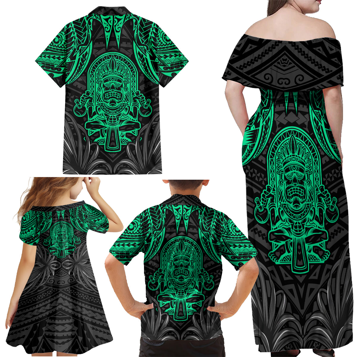 Polynesian Family Matching Off Shoulder Maxi Dress and Hawaiian Shirt Abstract Tiki TS04 - Polynesian Pride