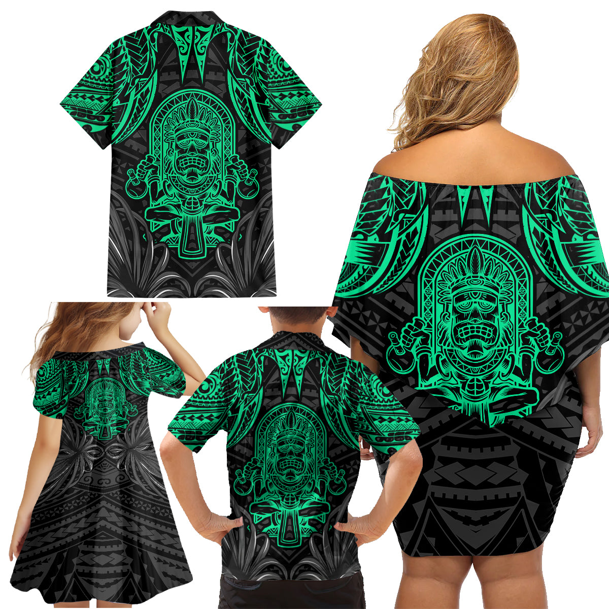 Polynesian Family Matching Off Shoulder Short Dress and Hawaiian Shirt Abstract Tiki TS04 - Polynesian Pride