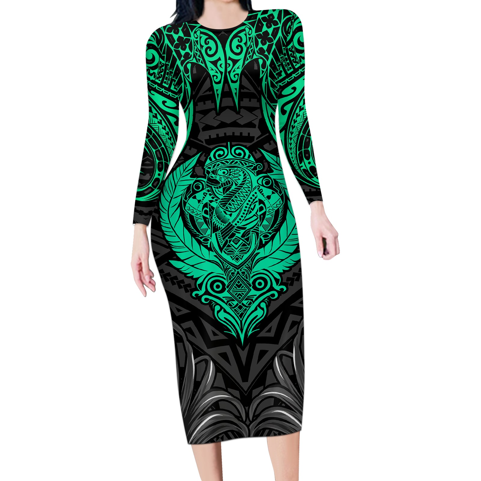 Polynesian Long Sleeve Bodycon Dress Abstract Tiki TS04 Long Dress Black Yellow - Polynesian Pride