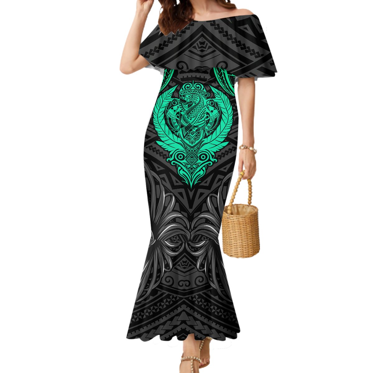 Polynesian Mermaid Dress Abstract Tiki TS04 Women Black Yellow - Polynesian Pride