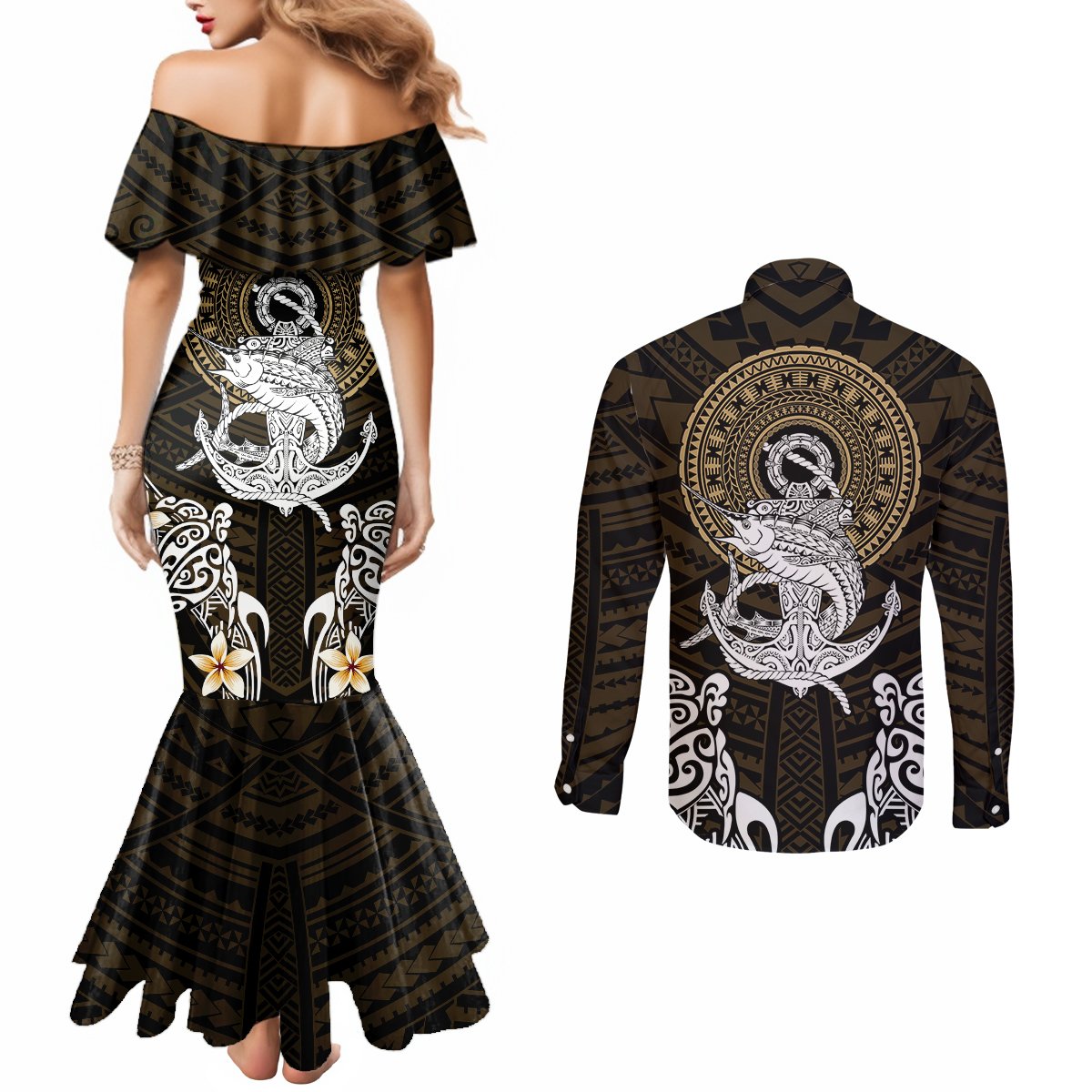 Polynesian Swordfish Couples Matching Mermaid Dress and Long Sleeve Button Shirts with Anchor Pattern and Tribal Turtle TS04 Multicolor - Polynesian Pride