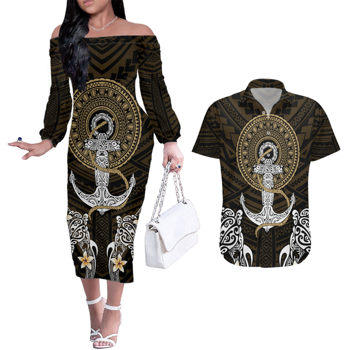 Polynesian Swordfish Couples Matching Off The Shoulder Long Sleeve Dress and Hawaiian Shirt with Anchor Pattern and Tribal Turtle TS04 - Polynesian Pride
