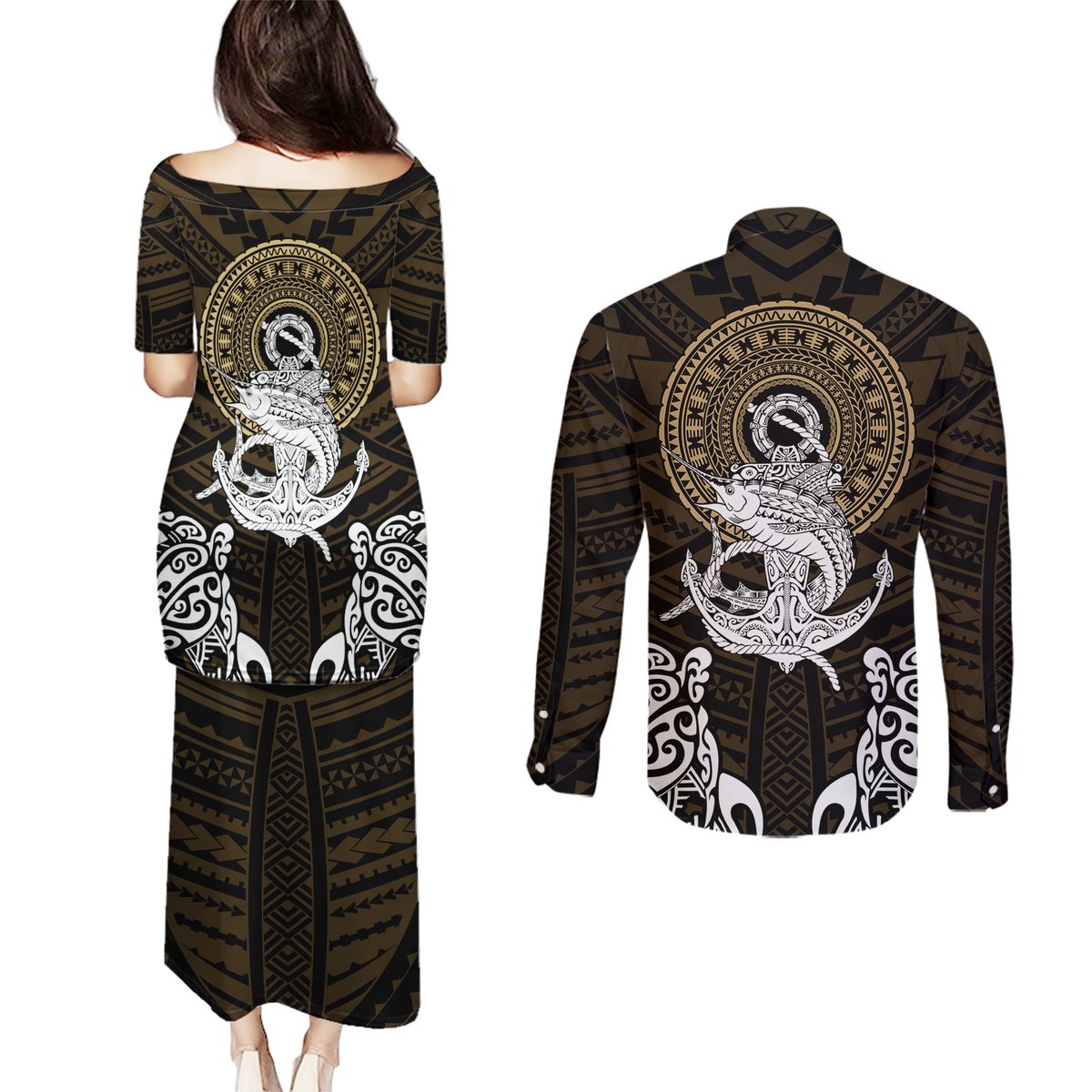 Polynesian Swordfish Couples Matching Puletasi Dress and Long Sleeve Button Shirts with Anchor Pattern and Tribal Turtle TS04 Multicolor - Polynesian Pride