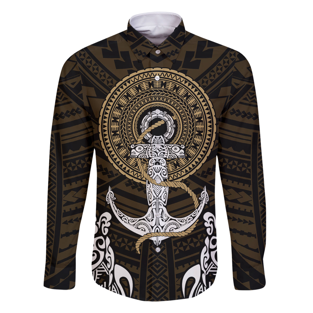 Polynesian Swordfish Family Matching Off Shoulder Maxi Dress and Hawaiian Shirt with Anchor Pattern and Tribal Turtle TS04 Dad's Shirt - Long Sleeve Multicolor - Polynesian Pride