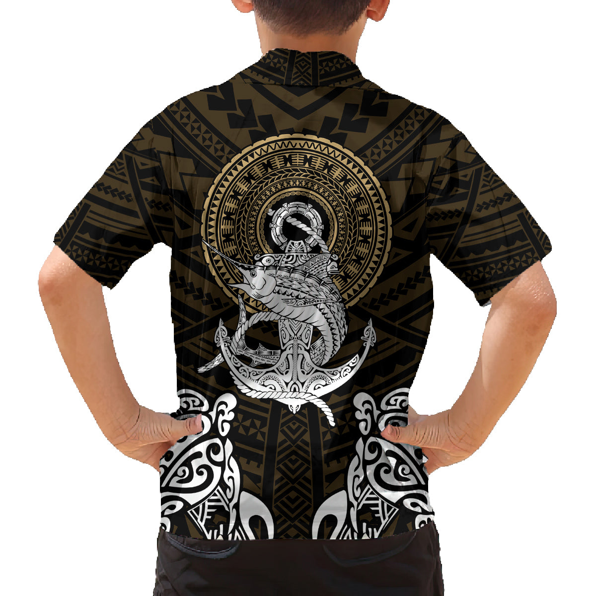 Polynesian Swordfish Family Matching Summer Maxi Dress and Hawaiian Shirt with Anchor Pattern and Tribal Turtle TS04 - Polynesian Pride