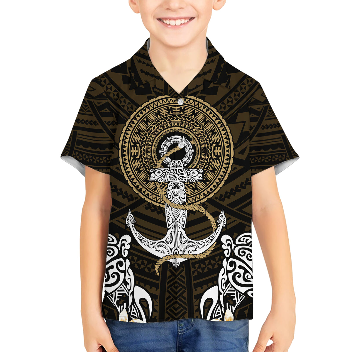 Polynesian Swordfish Kid Hawaiian Shirt with Anchor Pattern and Tribal Turtle TS04 - Polynesian Pride