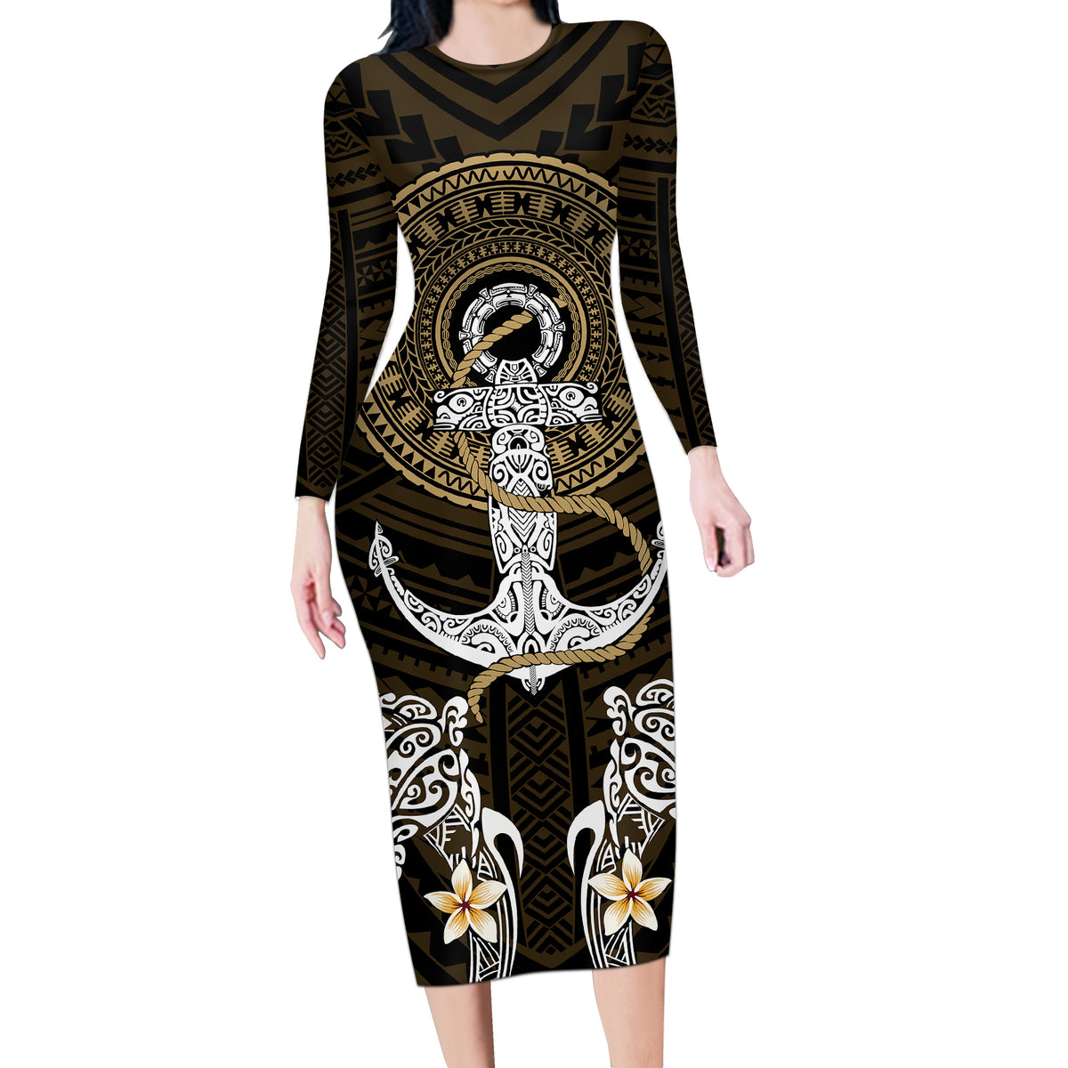 Polynesian Swordfish Long Sleeve Bodycon Dress with Anchor Pattern and Tribal Turtle TS04 - Polynesian Pride