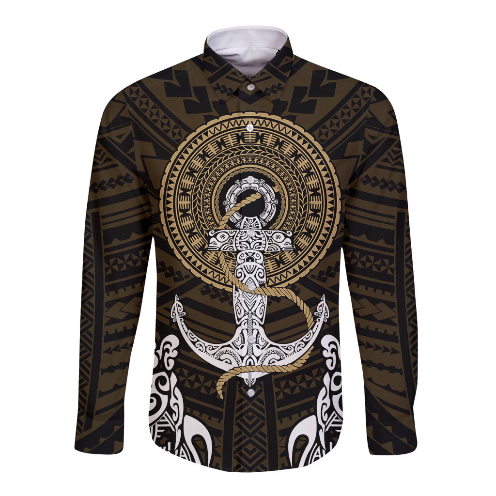 Polynesian Swordfish Long Sleeve Button Shirt with Anchor Pattern and Tribal Turtle TS04 - Polynesian Pride