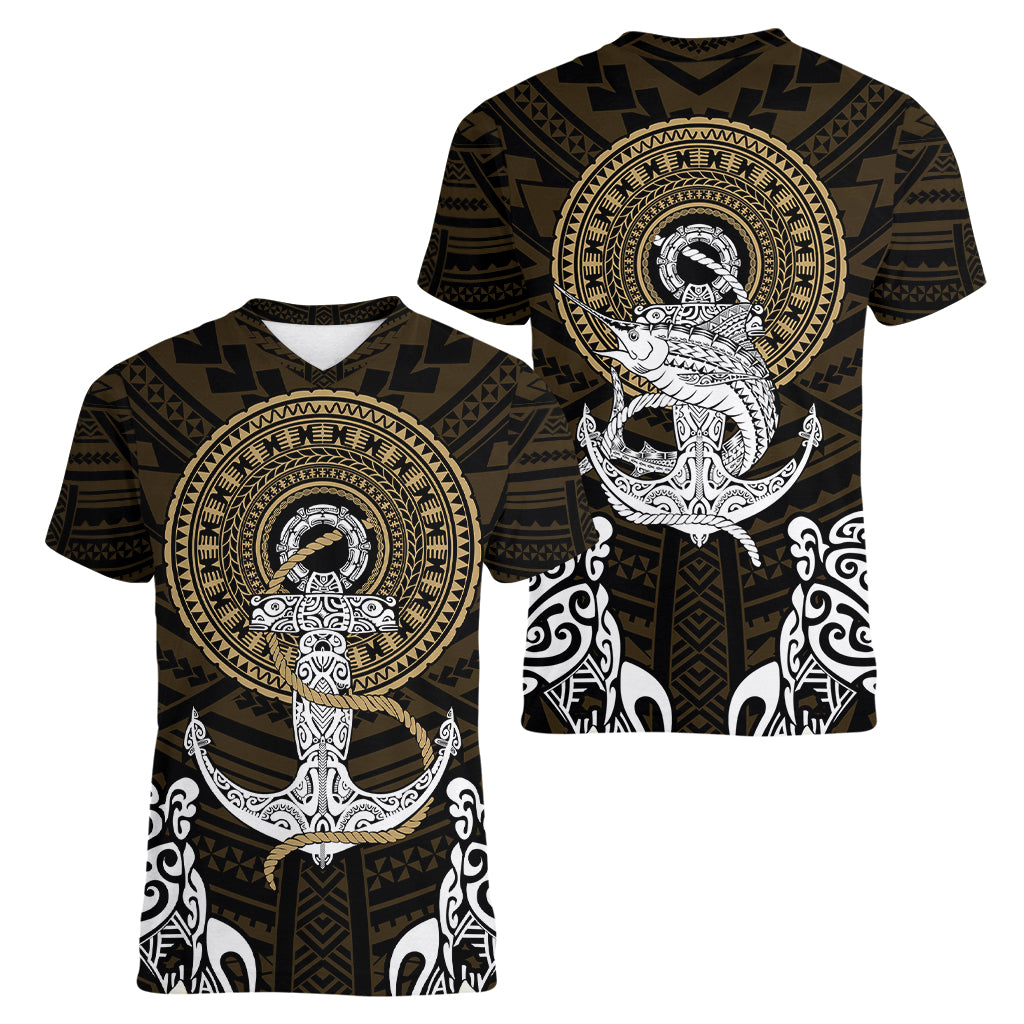 Polynesian Swordfish Women V Neck T Shirt with Anchor Pattern and Tribal Turtle TS04 - Polynesian Pride
