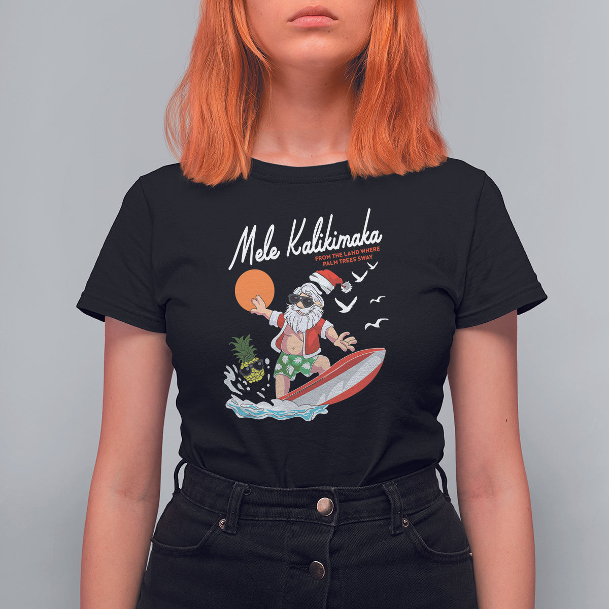 Mele Kalikimaka Surfing Santa Vintage Hawaiian Christmas T Shirt For Women TS09 Black - Polynesian Pride