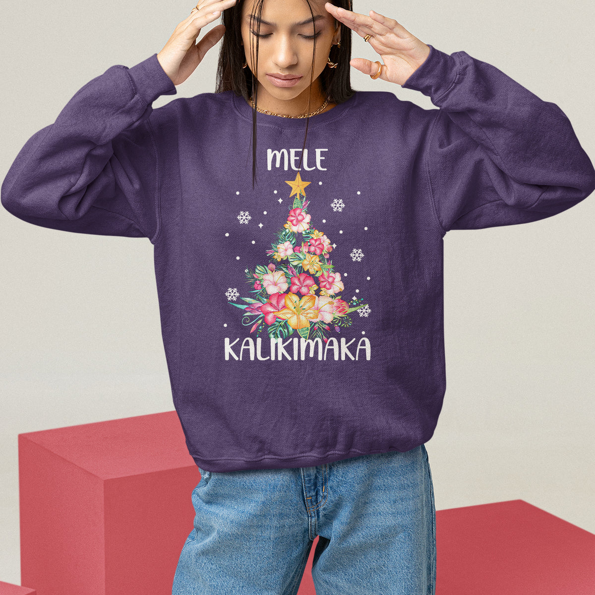 Mele Kalikimaka Hawaiian Christmas Tree Tropical Flower Sweatshirt TS09 Purple - Polynesian Pride
