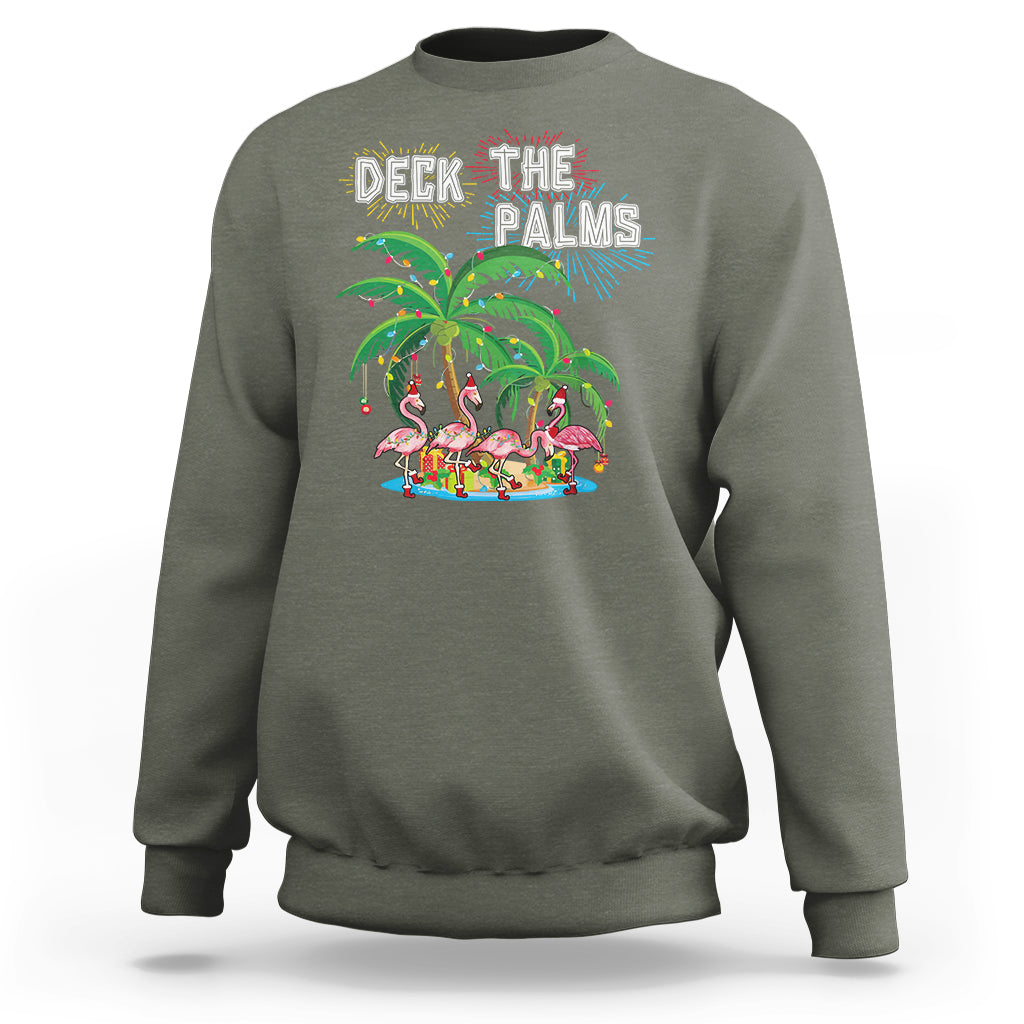 Christmas In Hawaii Sweatshirt Deck the Palms Firework Merry Christmas Flamingo TS09 Military Green - Polynesian Pride