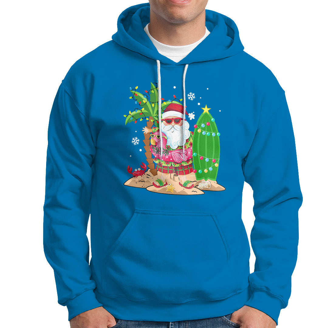 Christmas In Hawaii Hoodie Flamingo Float Xmas Palm Tree Surfboard Cute Santa At Beach TS09 Sapphire - Polynesian Pride