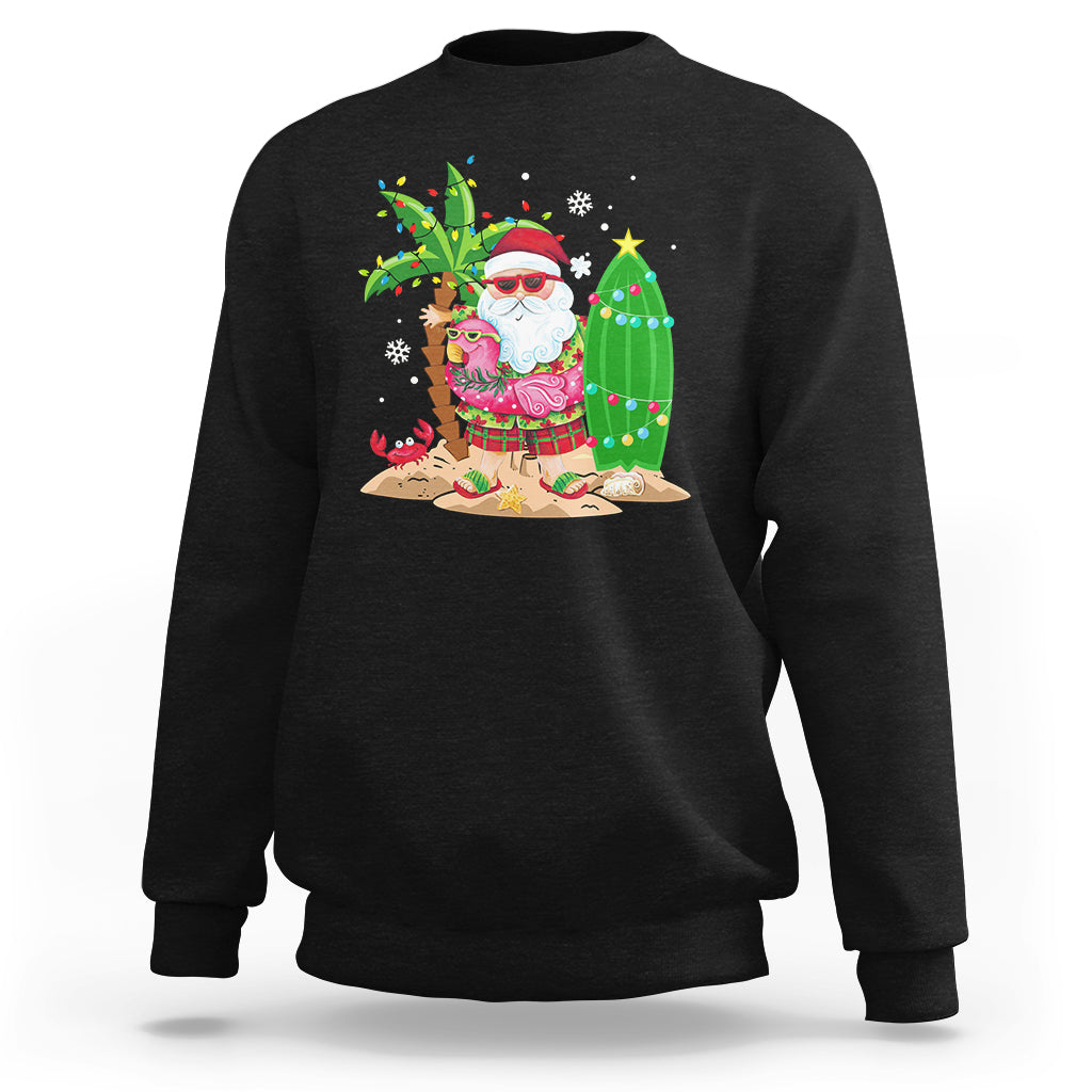 Christmas In Hawaii Sweatshirt Flamingo Float Xmas Palm Tree Surfboard Cute Santa At Beach TS09 Black - Polynesian Pride