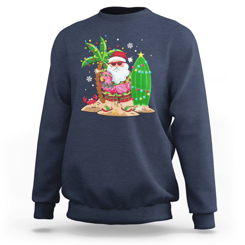 Christmas In Hawaii Sweatshirt Flamingo Float Xmas Palm Tree Surfboard Cute Santa At Beach TS09 Navy - Polynesian Pride