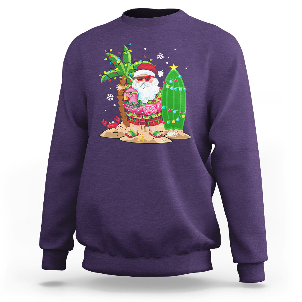 Christmas In Hawaii Sweatshirt Flamingo Float Xmas Palm Tree Surfboard Cute Santa At Beach TS09 Purple - Polynesian Pride