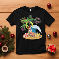 Christmas In Hawaii T Shirt Palm Tree Firework Santa At Beach Drinking Coconut TS09 Black - Polynesian Pride