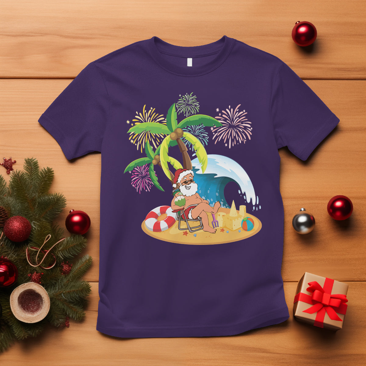 Christmas In Hawaii T Shirt Palm Tree Firework Santa At Beach Drinking Coconut TS09 Purple - Polynesian Pride