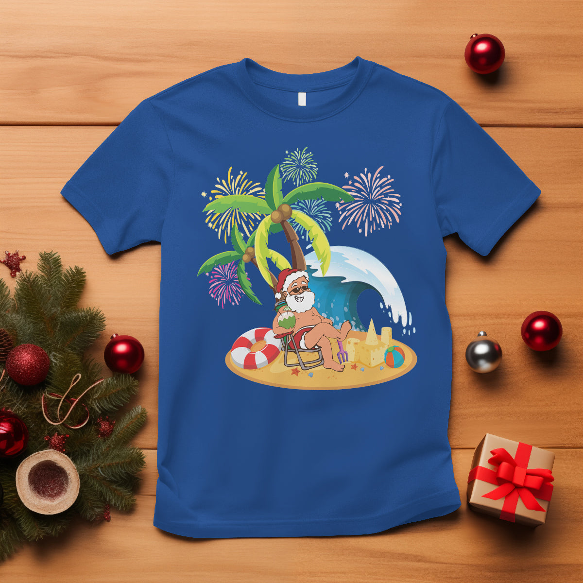 Christmas In Hawaii T Shirt Palm Tree Firework Santa At Beach Drinking Coconut TS09 Royal Blue - Polynesian Pride