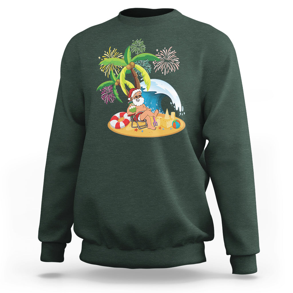 Christmas In Hawaii Sweatshirt Palm Tree Firework Santa At Beach Drinking Coconut TS09 Dark Forest Green - Polynesian Pride