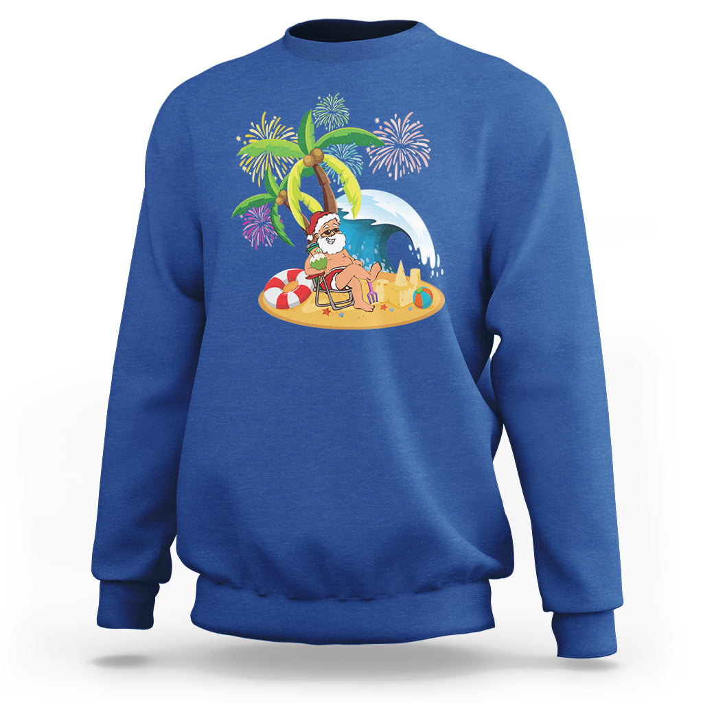 Christmas In Hawaii Sweatshirt Palm Tree Firework Santa At Beach Drinking Coconut TS09 Royal Blue - Polynesian Pride