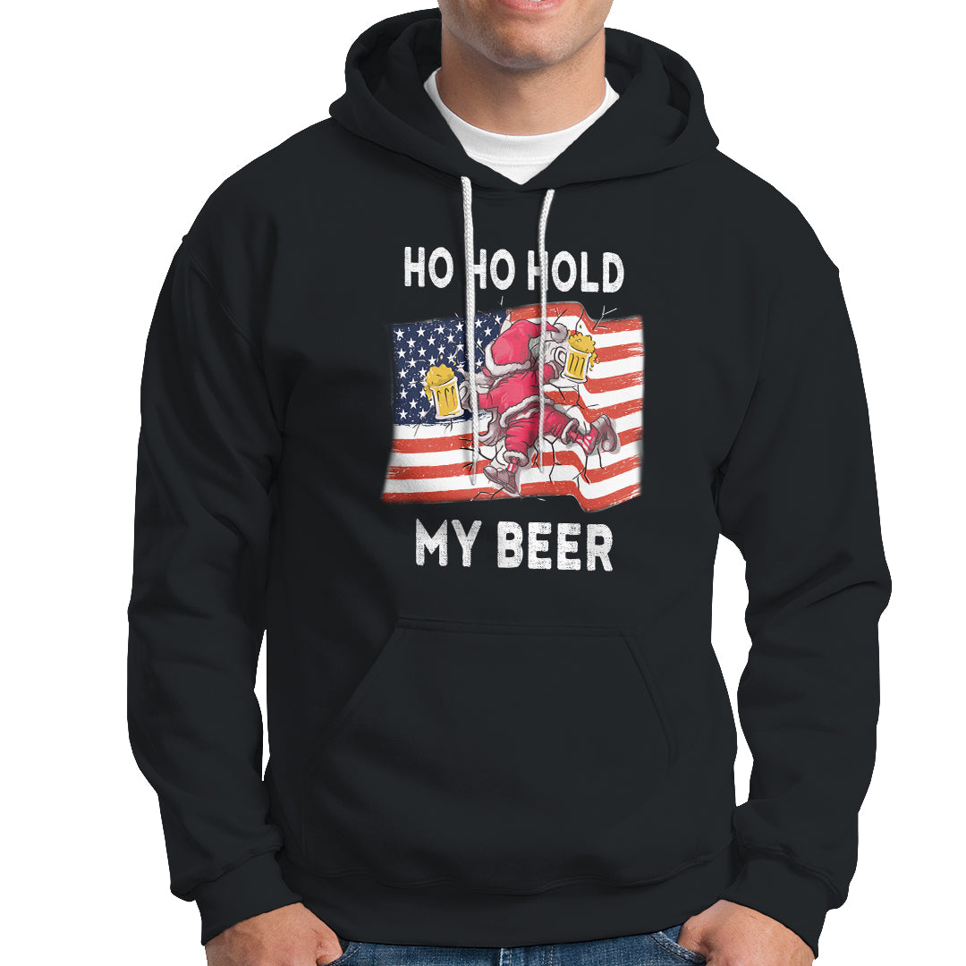 Christmas In Hawaii Hoodie Ho Ho Hold My Beer Drunk Santa USA Flag TS09 Black - Polynesian Pride