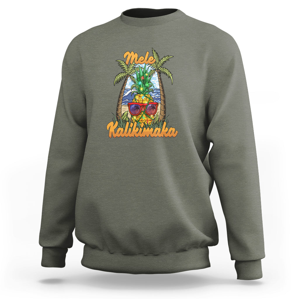 Mele Kalikimaka Christmas In Hawaii Xmas Light Pineapple Sweatshirt TS09 Military Green - Polynesian Pride
