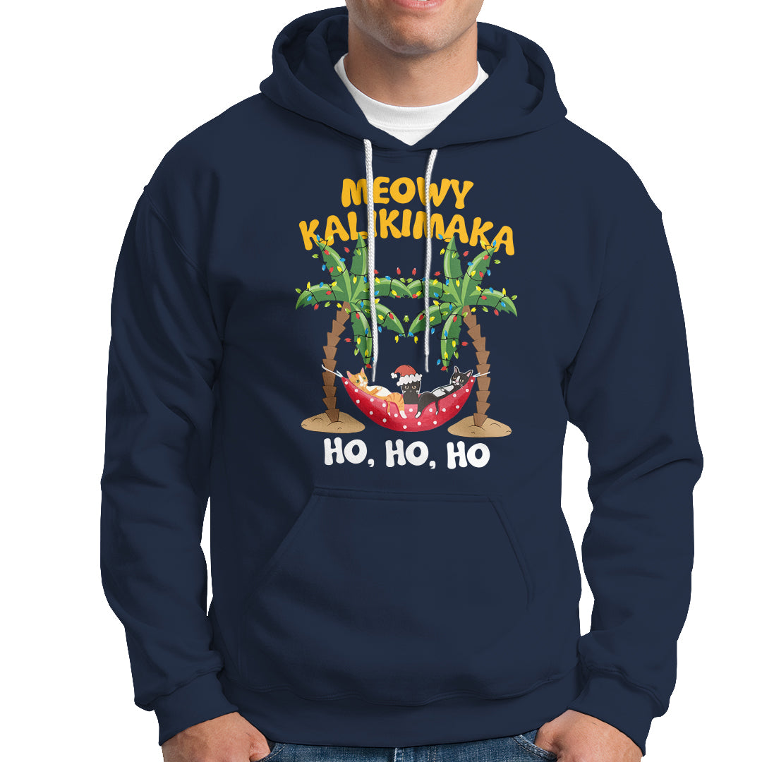 Christmas In Hawaii Hoodie Meowy Kalikimaka Cat Chillin' Ho Ho Ho Xmas Palm Tree TS09 Navy - Polynesian Pride