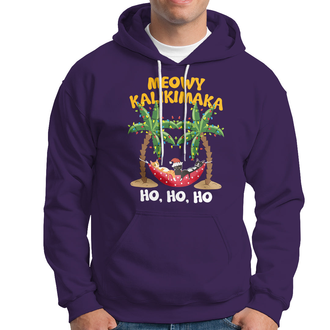 Christmas In Hawaii Hoodie Meowy Kalikimaka Cat Chillin' Ho Ho Ho Xmas Palm Tree TS09 Purple - Polynesian Pride