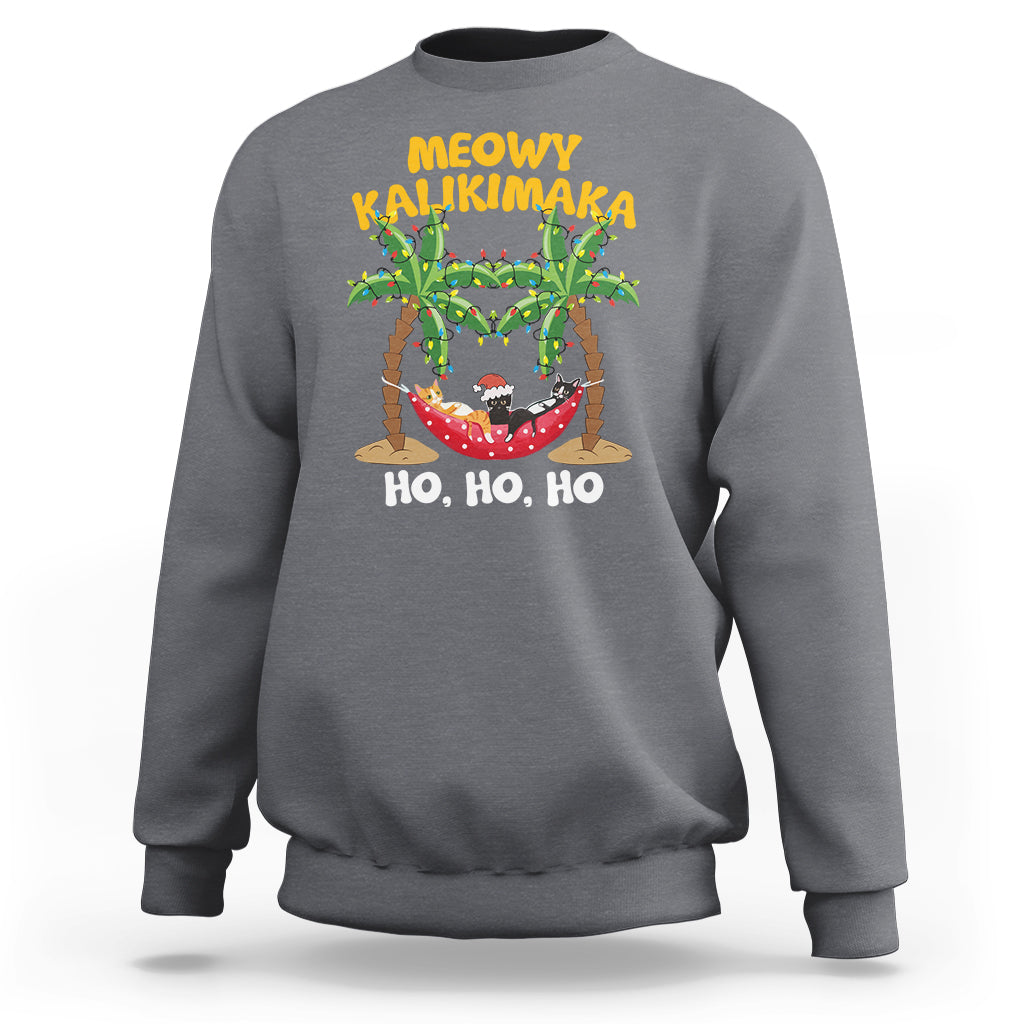 Christmas In Hawaii Sweatshirt Meowy Kalikimaka Cat Chillin' Ho Ho Ho Xmas Palm Tree TS09 Charcoal - Polynesian Pride