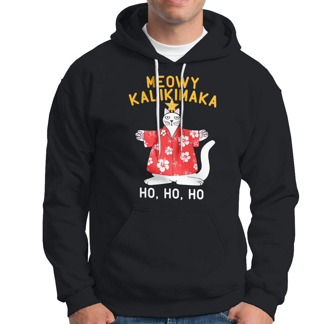 Christmas In Hawaii Hoodie Meowy Kalikimaka Hawaiian Cat Ho Ho Ho Xmas Tree TS09 Black - Polynesian Pride