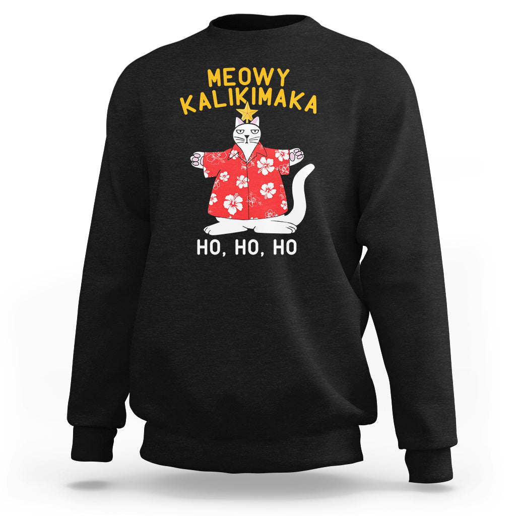 Christmas In Hawaii Sweatshirt Meowy Kalikimaka Hawaiian Cat Ho Ho Ho Xmas Tree TS09 Black - Polynesian Pride
