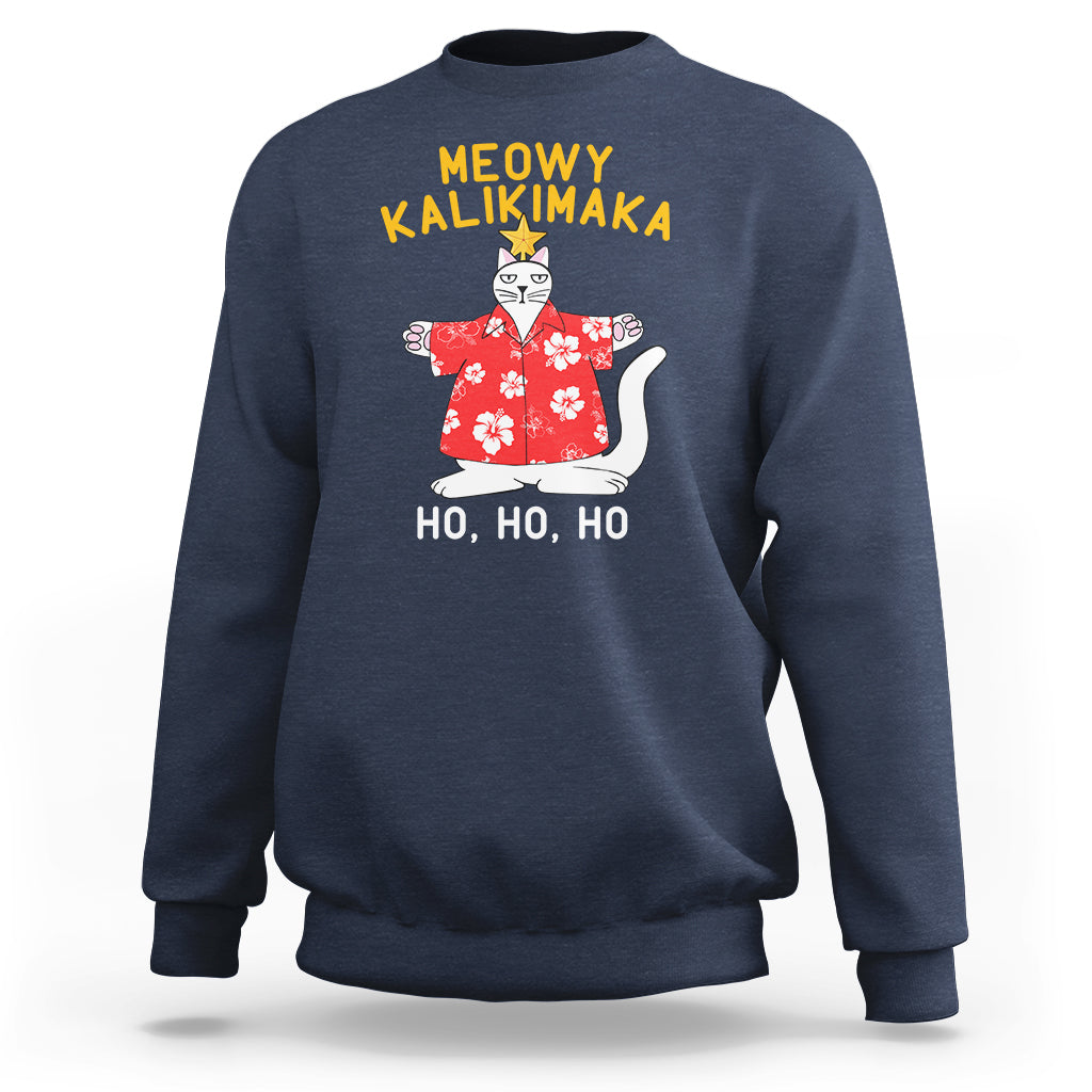 Christmas In Hawaii Sweatshirt Meowy Kalikimaka Hawaiian Cat Ho Ho Ho Xmas Tree TS09 Navy - Polynesian Pride