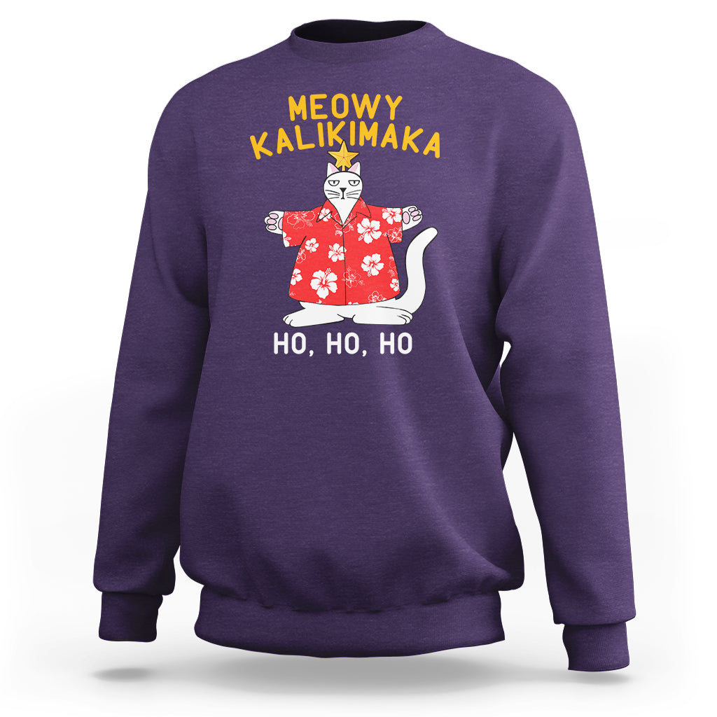 Christmas In Hawaii Sweatshirt Meowy Kalikimaka Hawaiian Cat Ho Ho Ho Xmas Tree TS09 Purple - Polynesian Pride