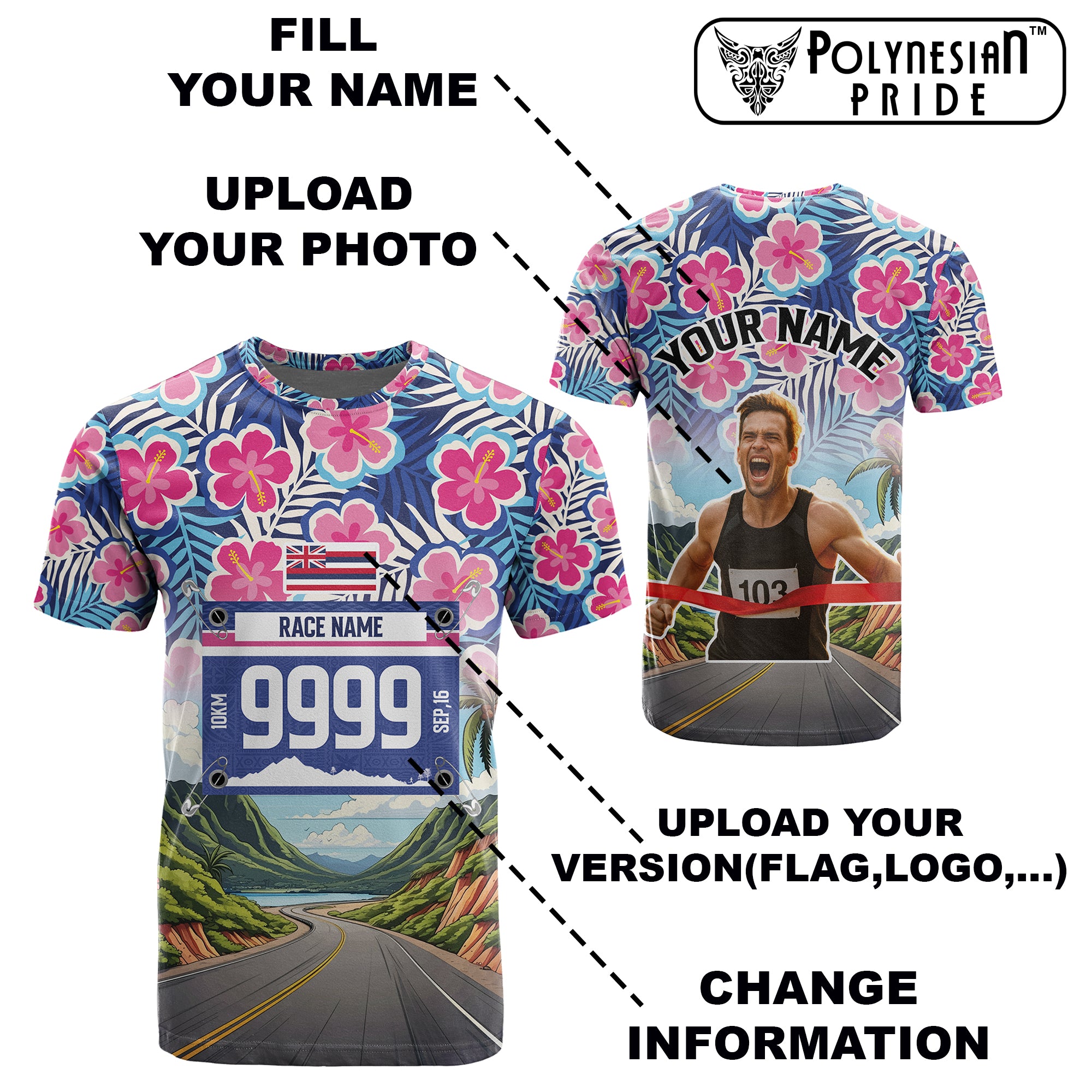 Custom Race Bib and Photo Marathon T Shirt Nature and Tropical Style CTM03