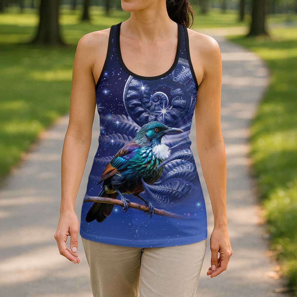 Tui Bird Matariki Galaxy Hollow Tank Top Koru Silver Fern Aotearoa