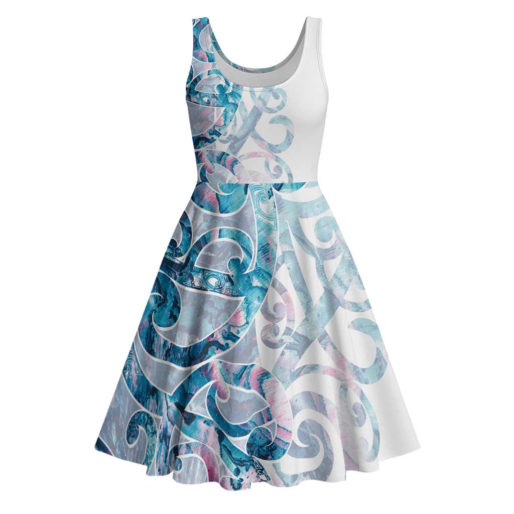 Turquoise Paua Shell Maori Midi Dress Koru Kowhaiwhai LT7 White - Polynesian Pride