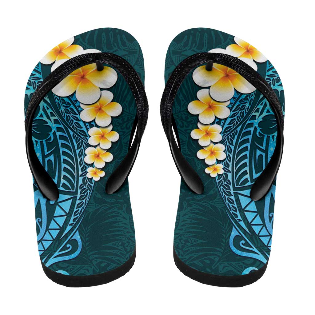 Turquoise Polynesia Flip Flops Plumeria Tropical Leaves Galaxy Polynesian Art - Polynesian Pride